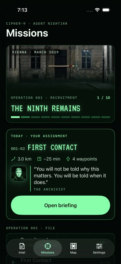 Cipher Protocol iOS running app — mission screen showing spy briefing before a run