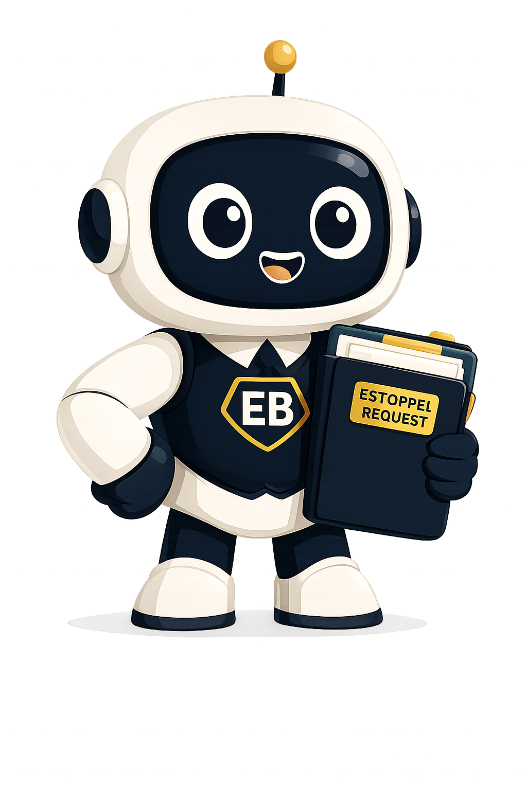 Estoppel Bot — friendly robot paralegal holding an estoppel certificate binder